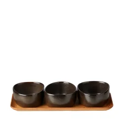 Aida RAW Metallic Brown Organic miniskåle 3 stk med bakke af teaktræ