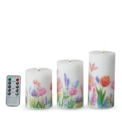 LED Bloklys med tulipanprint sæt med 3 stk. inkl. fjernbetjening