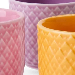 Lyngby Porcelæn Rhombe Color æggebæger 3 stk. gul/rosa/lilla Ø 5 cm