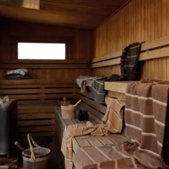 Zone Sauna håndklæde sand/blå/grøn 70x140 cm